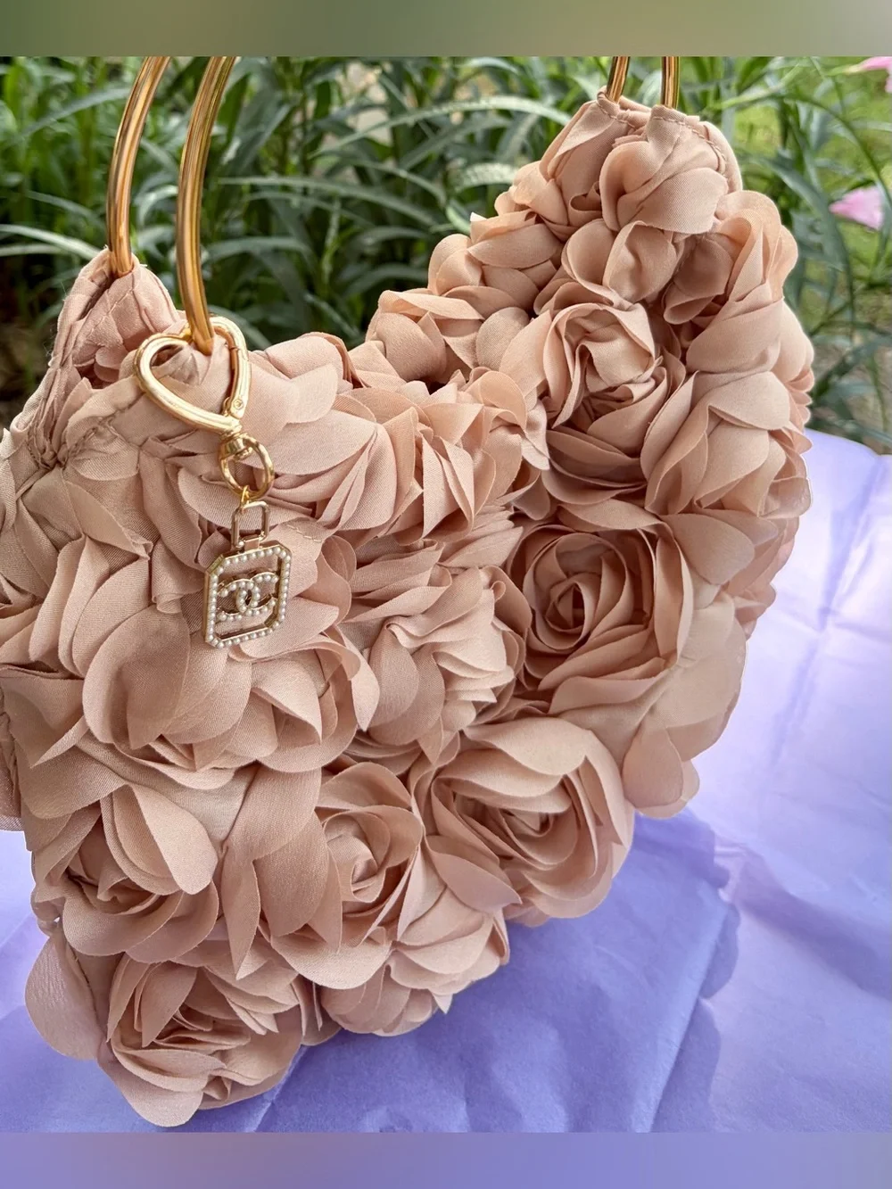 NIP Blush Floral Rosette Gold-Tone Double Handle Handbag w/Versatile Bag Charm - Picture 10 of 11
